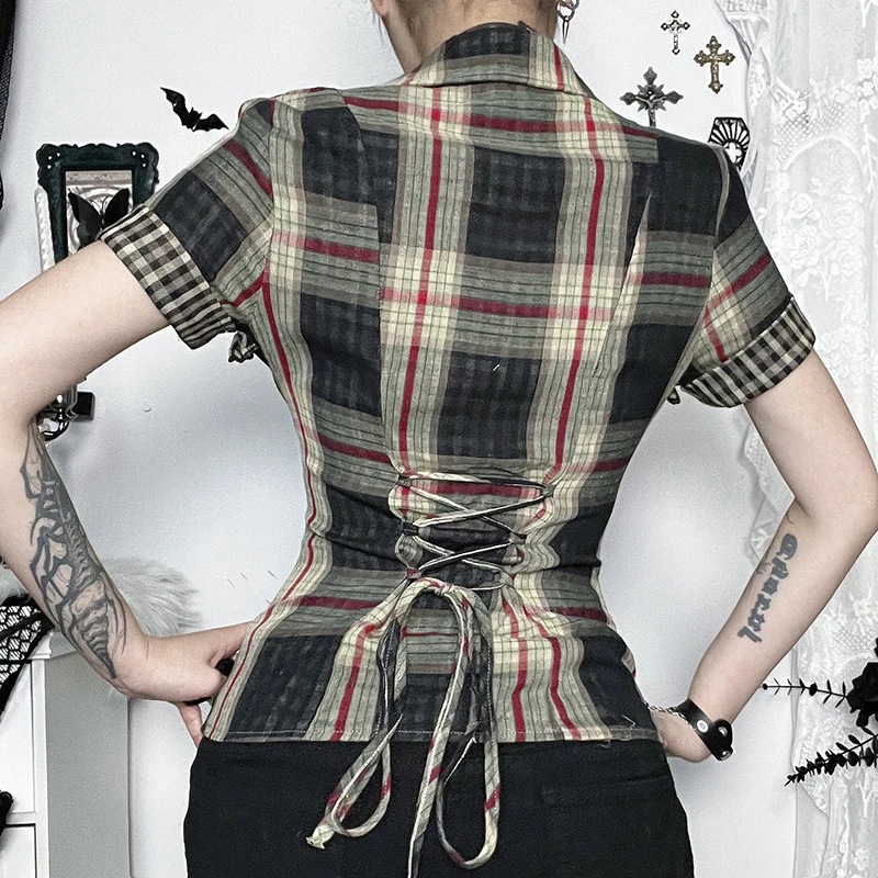 Lilac XN Y2K Vintage Plaid Ruffle Short Sleeve Slim Shirts Blouse Fashion Zipper Lace-up Corset Tops Women Summer Streetwear