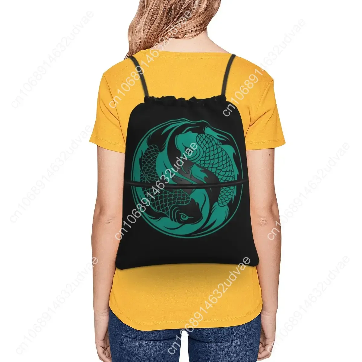 Teal Blue And Black Yin Yang Koi Fish Backpacks Drawstring Bag Drawstring Bundle Pocket Shoes Bags For Travel Sport Man Woman