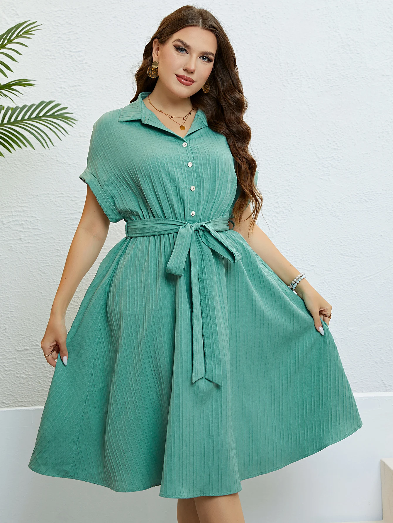 Turndown Collar Button Belt Female Midi Oversized Dresses Urban Casual Short Sleeve Summer Dress For Women Plus Size Clothing