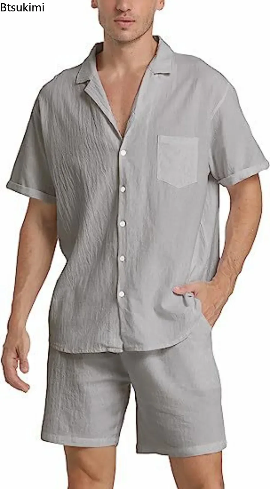 Men's Summer Cotton Linen Shirt Sets Outdoor Casual Sport Short Sleeve Shirt+Shorts 2 Piece Sets Men Comfy Breathable Beach Suit