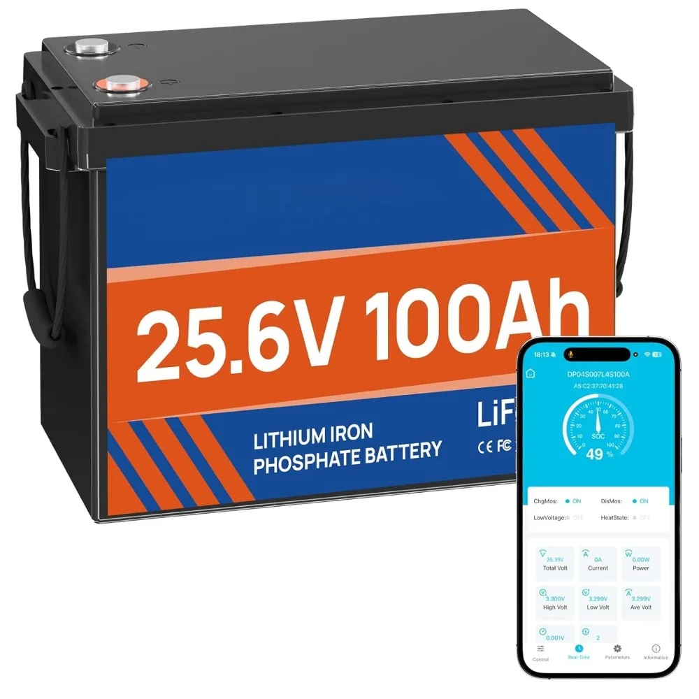 

Аккумулятор LiFePO4 24В 100Ач с Bluetooth BMS 100А, управлением через приложение, защитой от низких температур, максимальной мощностью 2560Вт, 8000+ циклов заряда/разряда, 24В, настраиваемый