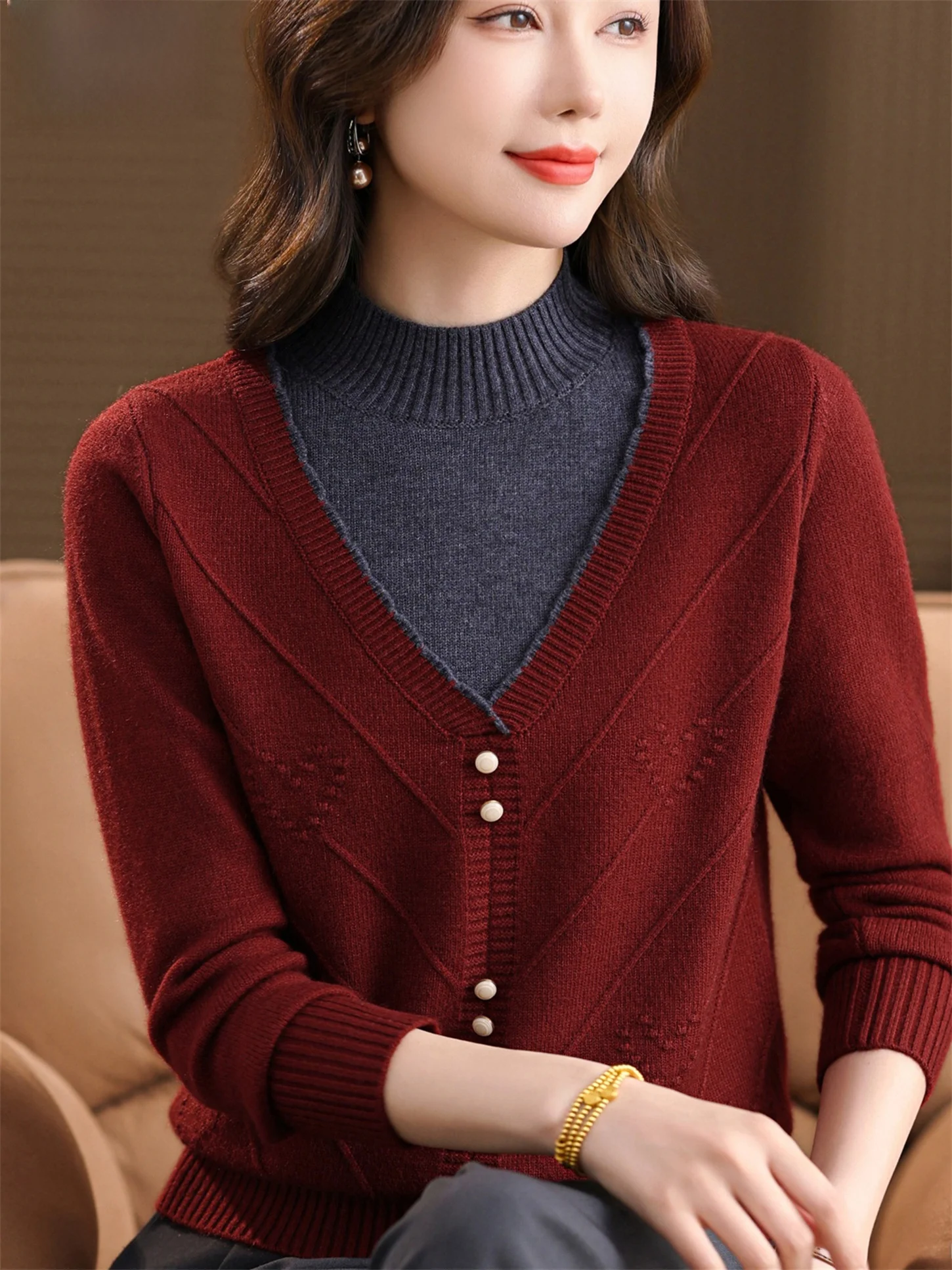 

Модный женский свитер из шерстяной смеси на осень-зиму, свободного кроя, с контрастными вставками, универсальный, больших размеров, стройнящий топ