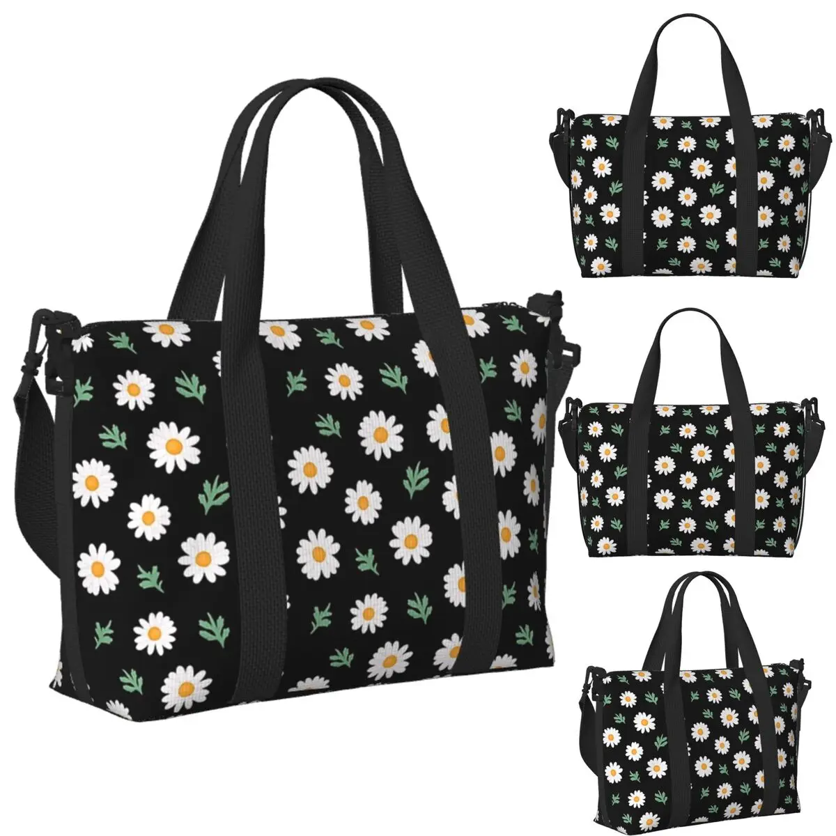 

Custom Daisy Pattern On Black Beach Travel Bag Large Capacity Tote Bags for Gym Yoga Women Shopping Duffle Shoulder Bag