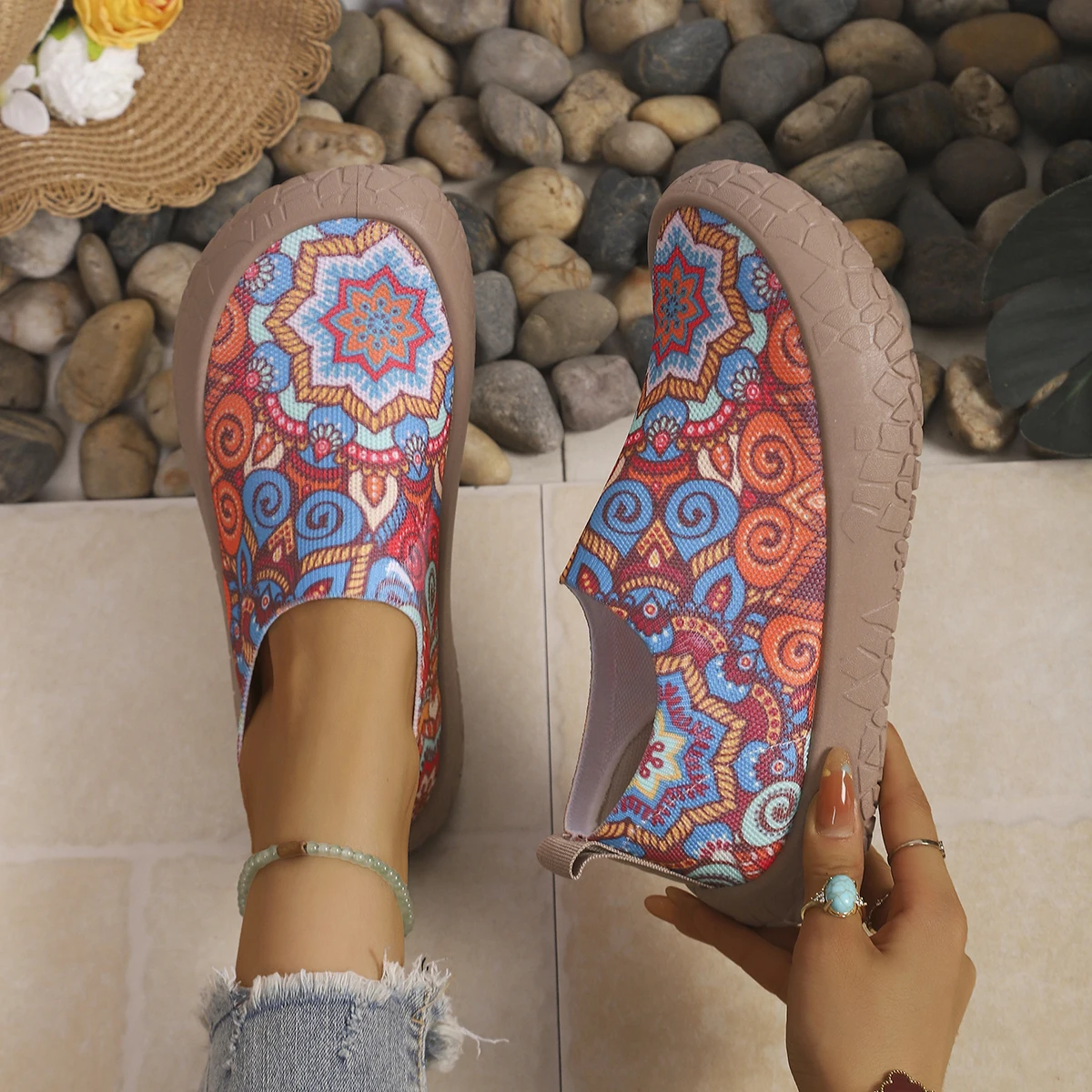 2026 New Summer Ladies Floral Mesh Slip On Sneakers Anti Slip Thick Platform Sole Lightweight Daily Walking Casual Women Shoes