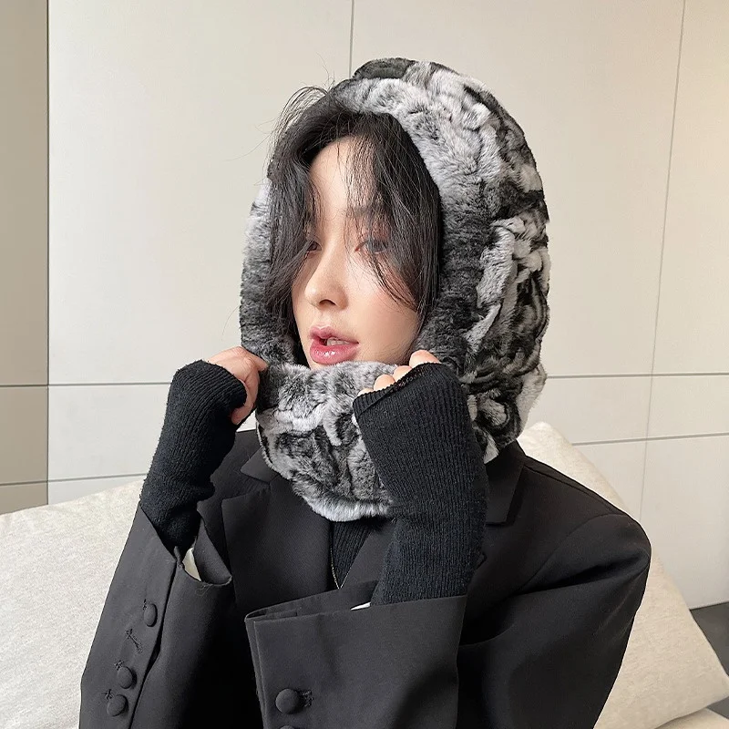 Women's Fashion Plush Pullover Hat Winter Rex Rabbit Fur Outdoor Warm Pullover Hat Scarf Hat One Design Thick Scarf Hat