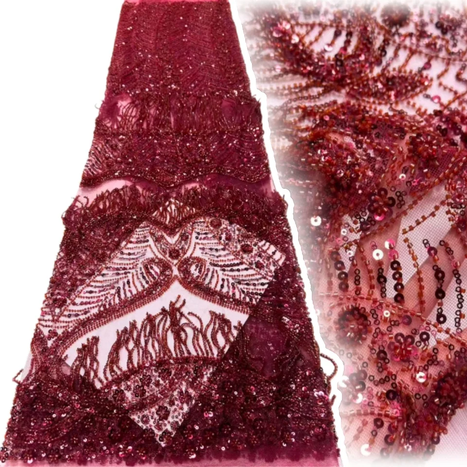 

Red African Sequins Lace Fabric Nigerian High Quality French Beaded Mesh Tulle Embroidery Wedding Dresses Lace Sewing 1998