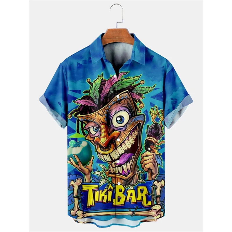 

Гавайское племя Тики с принтом талисмана, мужская рубашка с коротким рукавом, новая мода, рубашки на пуговицах для пляжного отдыха и отдыха, летняя гавайская рубашка