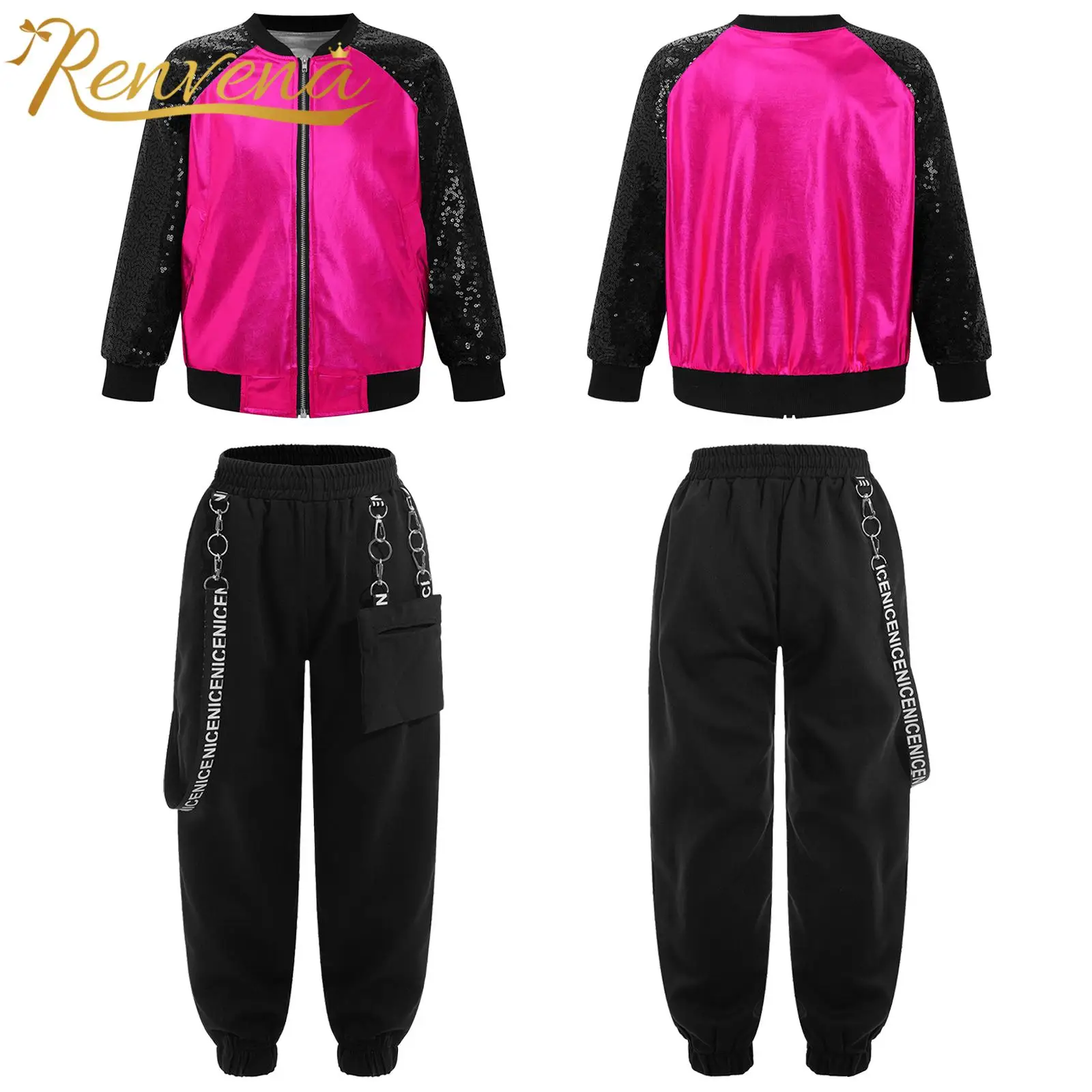 Kids Metallic Disco Party Costumes Girls Jazz Dance Outfit Sparkling Sequin Hip Hop Clothes Childs Rave Performance Streetwear