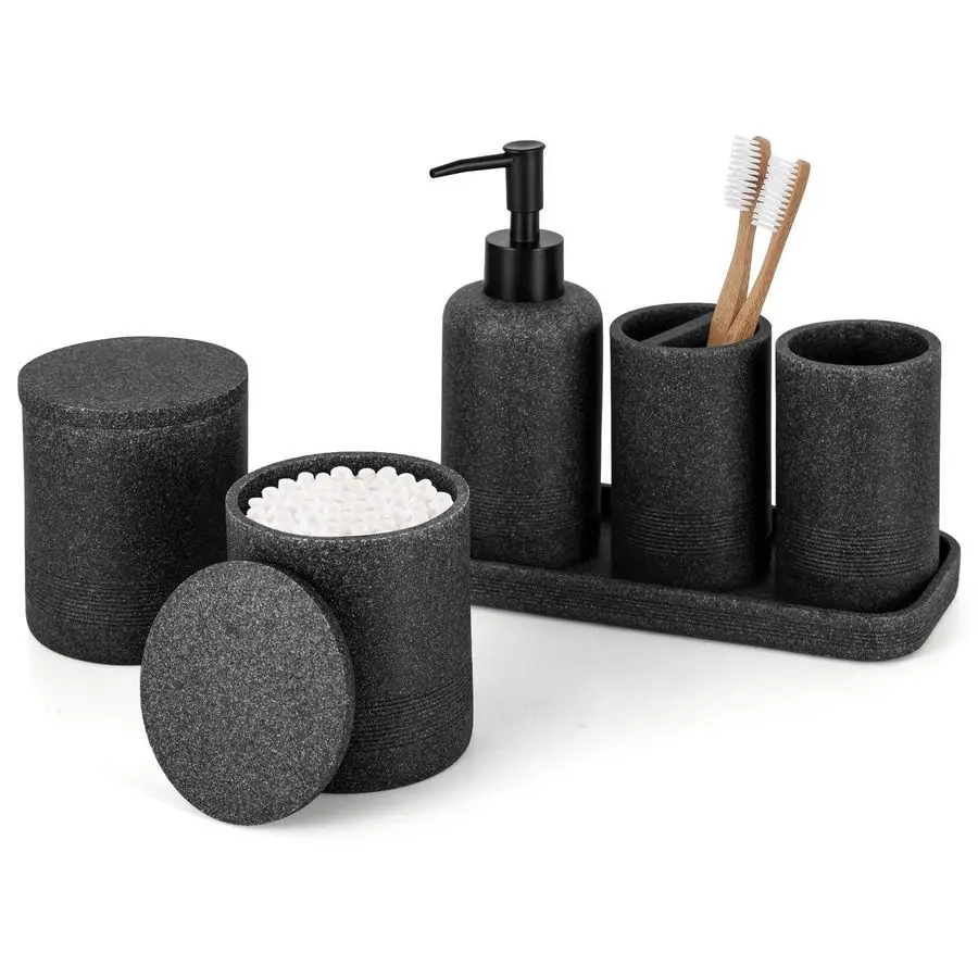 

Black Stone Bathroom Accessories Set 6 Pieces Toothbrush Holder, Lotion Dispenser, Qtip Container, Vanity Tray, Tumbler Countert