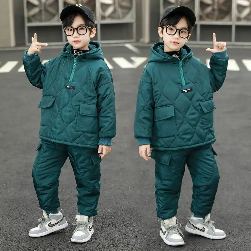 

Children Winter Clothing Sets for Toddler Boys Pockets Hooded Tops+Pants Thick Two Pieces Baby Solid Color Outfits 2-13Years Old