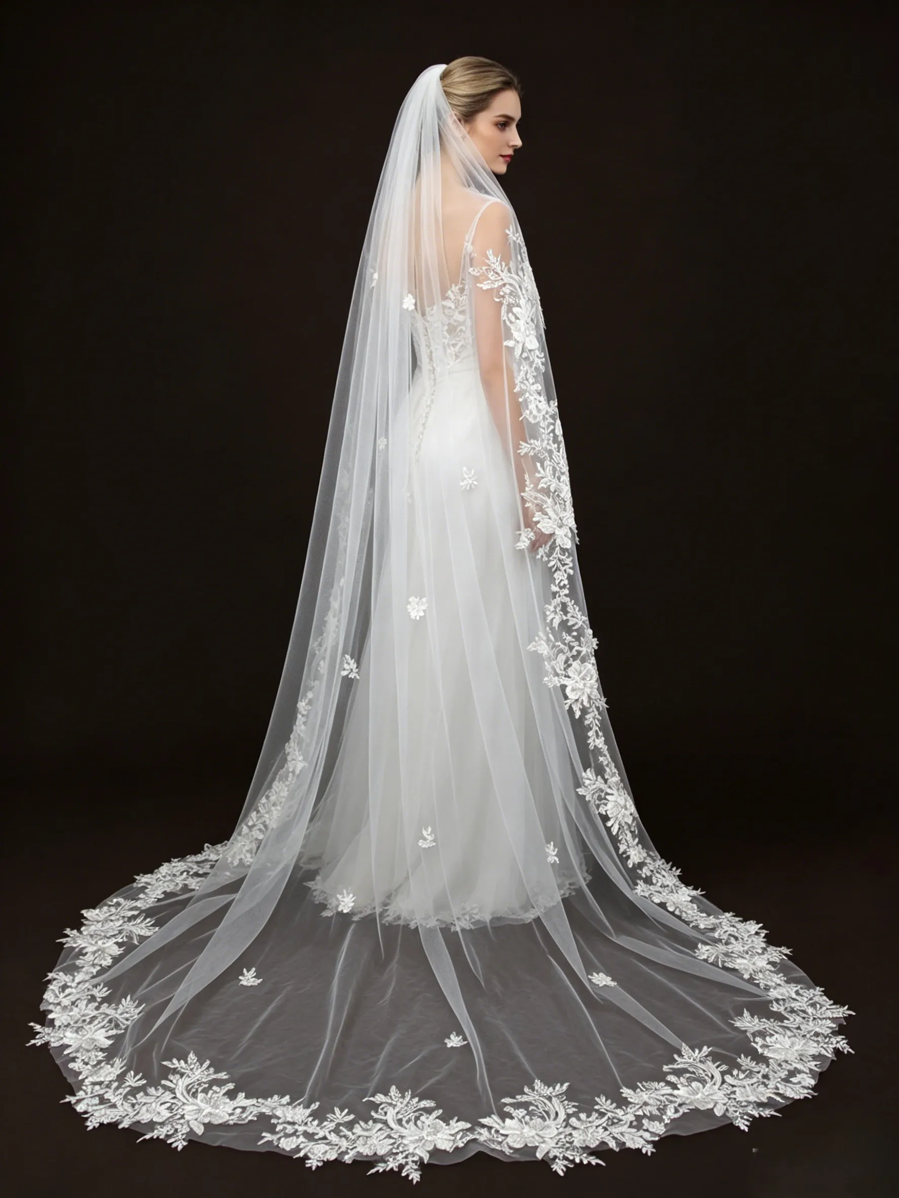 1 Layer Sequined Embroidered Lace Wedding Veil Whit Comb Long White Ivory Bridal Veil Beaded Cape  Headpiece Accessories G31