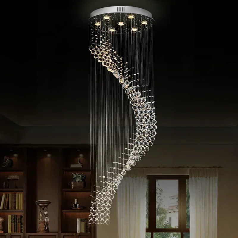 Single Spiral Ladder Large Crystal Pendant Lamp Modern LED Chandelier For Home Lobby Hotel Living Room And Attic Decoration