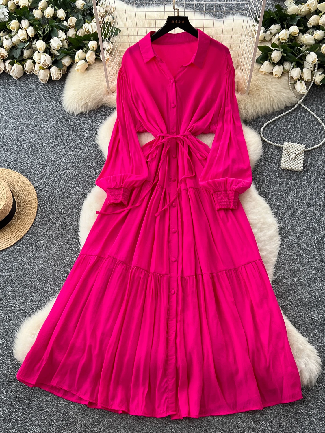 กระโปรงทรงเอเอวสูงสไตล์เกาหลี ผูกเอว ผ้าบางเบา สำหรับผู้หญิง ฤดูร้อน รุ่น Fairy T Long Dr