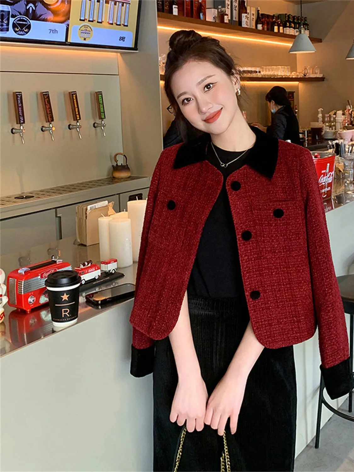 

Ele Red Sle шерстяное пальто женское корейское модное пальто небольшого размера, модное пальто на пуговицах, теплый фланелевой топ