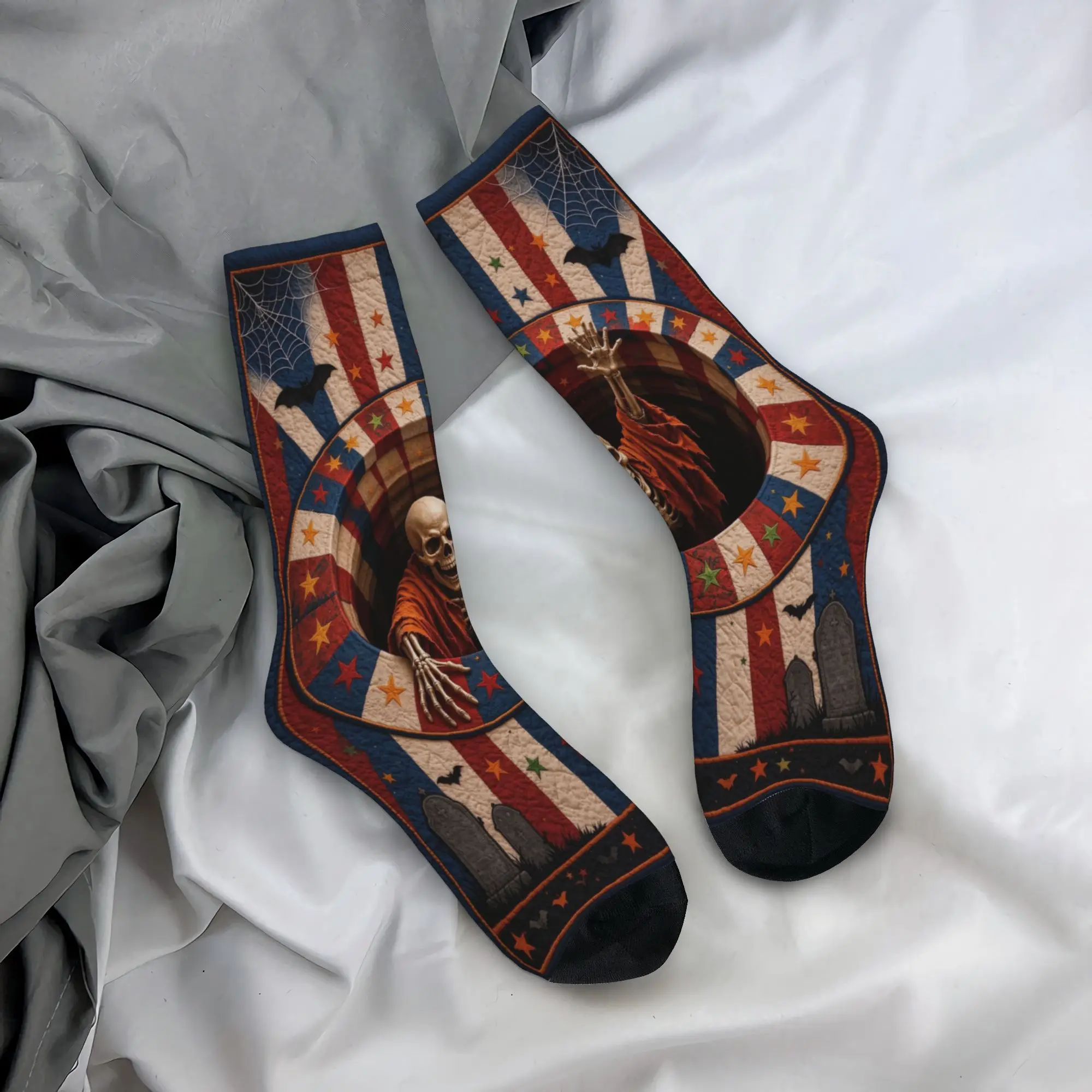 Retro 3D Illusion Halloween Basketball Socks Skeleton Gothic Xmas Polyester Long Socks for Unisex Sweat Absorbing