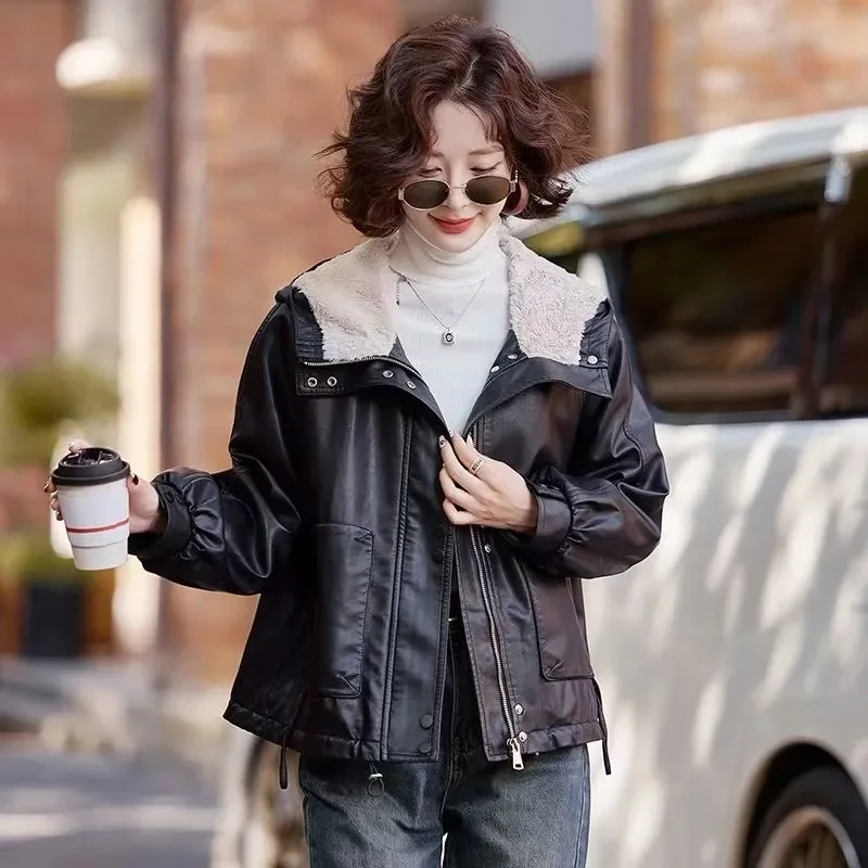 2025 senhoras mangas compridas jaqueta de couro do plutônio inverno feminino com capuz grosso casaco de couro coreano moda feminina outwear de couro falso