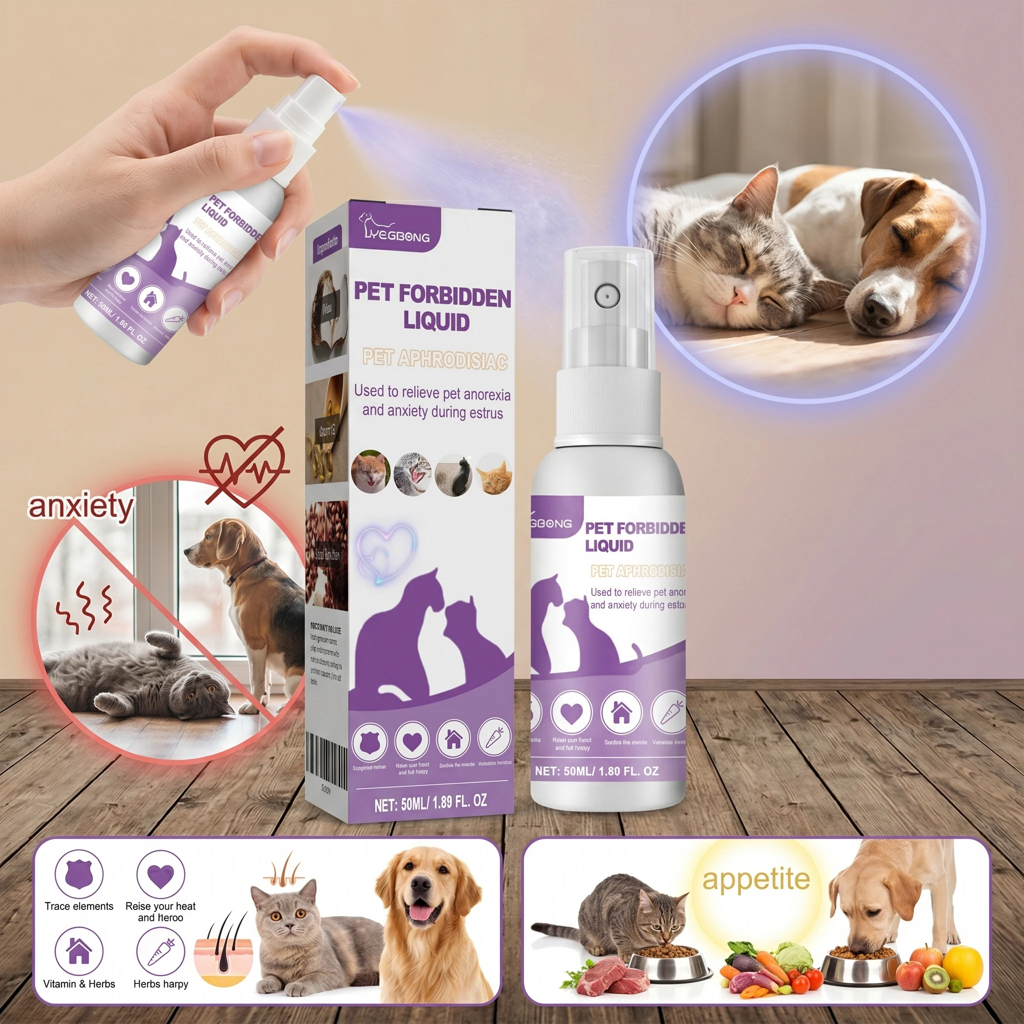 Natürliches Beruhigungsspray für Haustiere Katzen- und Hundezwangsberuhigungsspray Angstlinderung Stimmungsausgleich Vitamin E Pflege 50ml