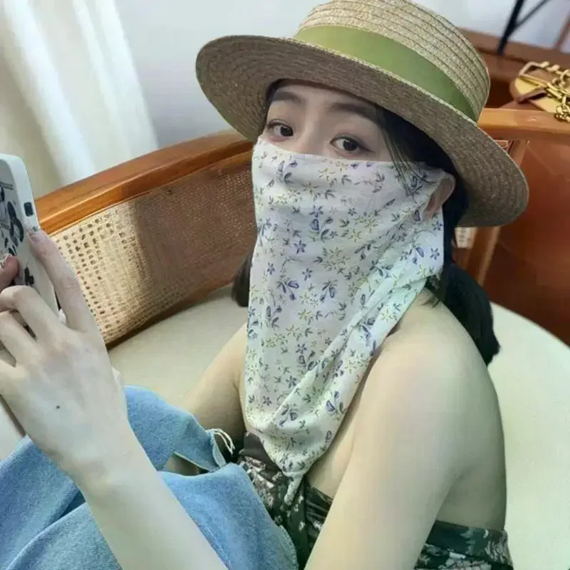 花柄サマーサンスクリーンマスクフルフェイス紫外線対策女性用薄型フェイスカバーベールマスクネックプロテクター