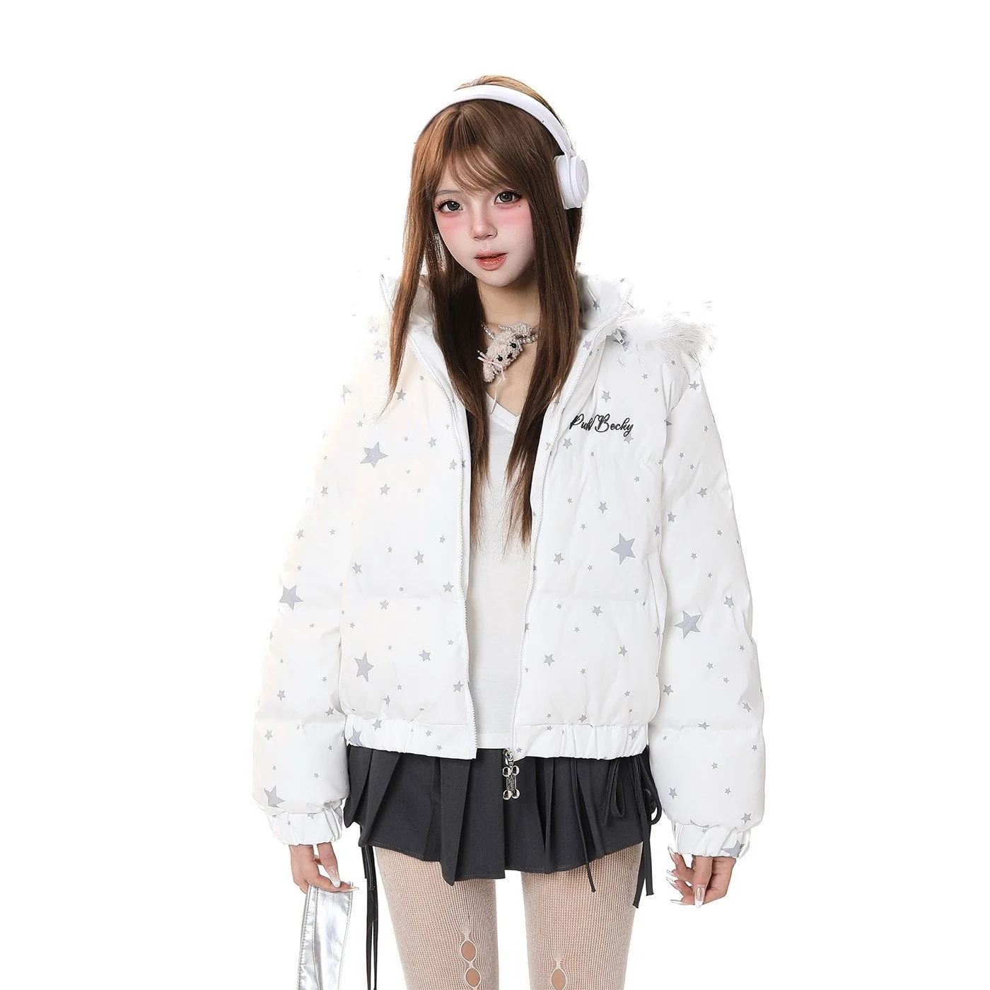 Y2k Print Kawaii Parkas Coats American Vintage Zipper Streetwear Casual Jackets 2000s High Street Elegant Fur Collor Hooded Coat