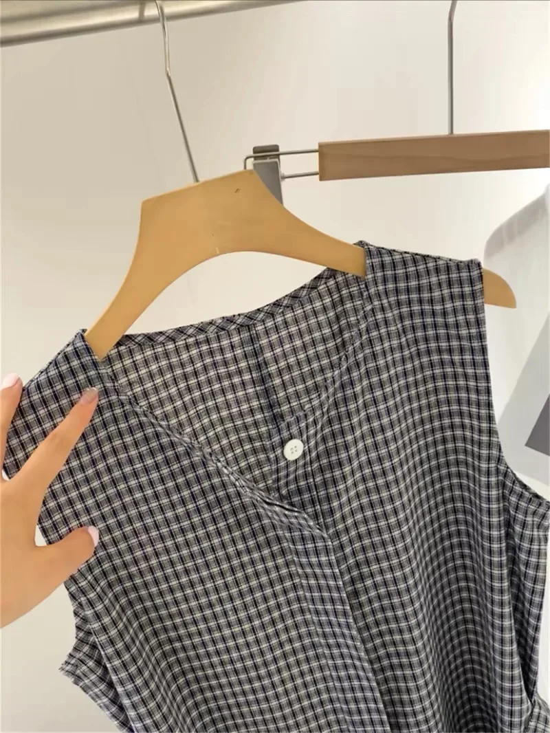  Lightweight Linen Women's Dress with Belt Slimming Blue Plaid Design Vintage Style A-Line Skirt High Waist Summer
