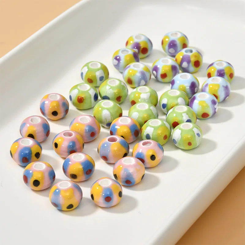 10pcs 13x9mm Hand Painted Ceramic Beads Loose Spacer Flat Round Ceramics Bead For Jewelry Making DIY Bracelet Necklace