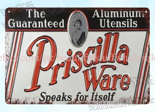 Priscilla Ware aluminum utensils metal tin sign restaurant wall decor lounge