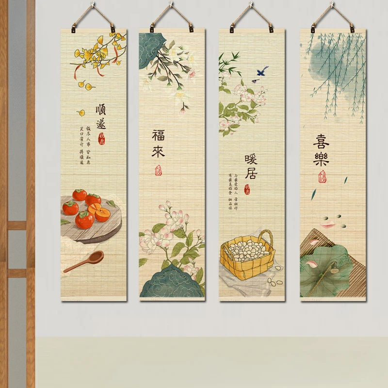 1pc Chinese Bamboo Curtain Painting Living Room Wall Roller Blind Painting Tea Room Partition Curtain Home Decoration Painting