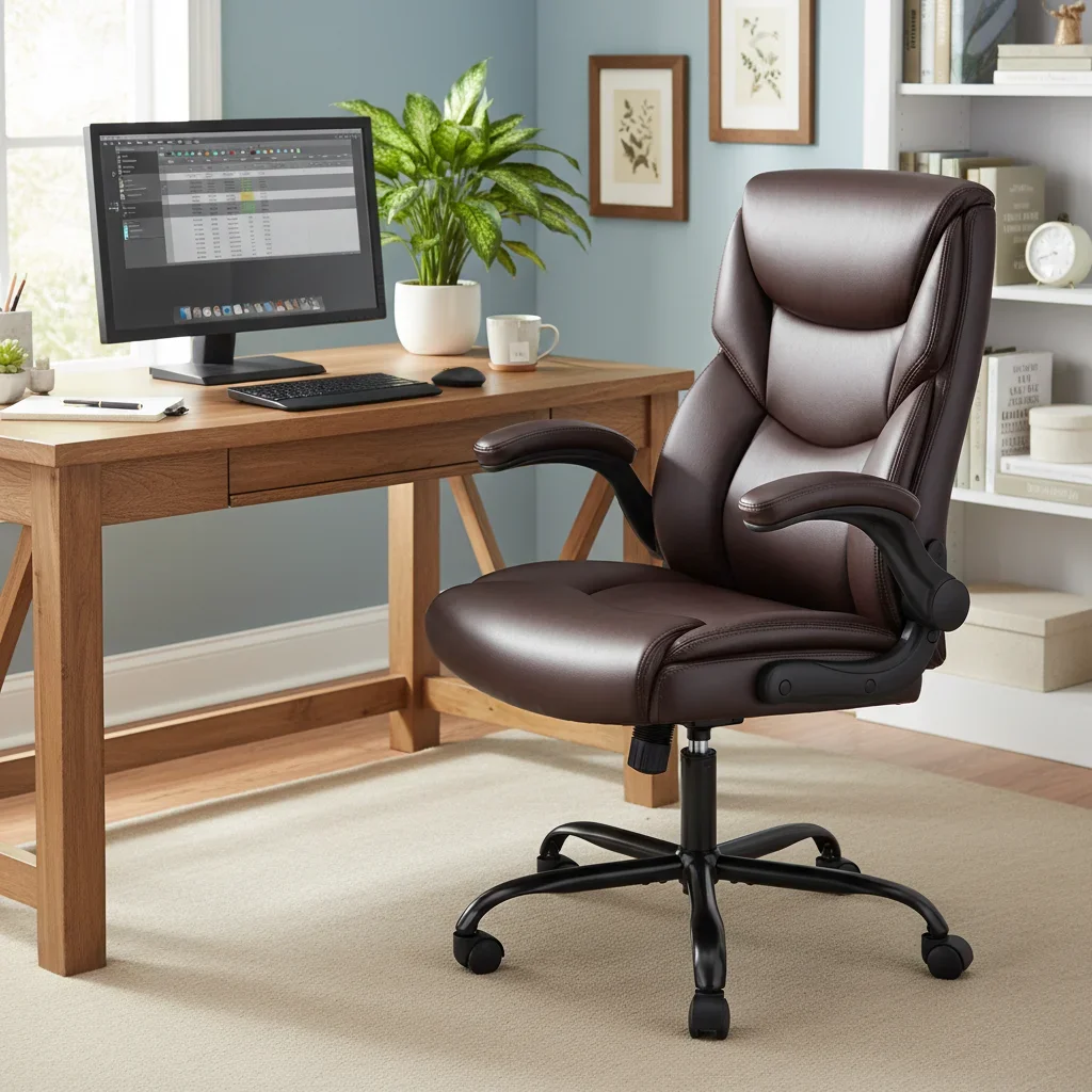 Ergonomic PU Leather Executive Office Chair, Swivel Computer Desk Chair with Lumbar Support Flip-up Arms Dark Brown