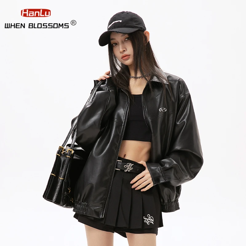 Metal Printed Black PU Leather Jacket for Men and Women, Trendy Brand, American High Street, Spring Couple Trend, New, 2024