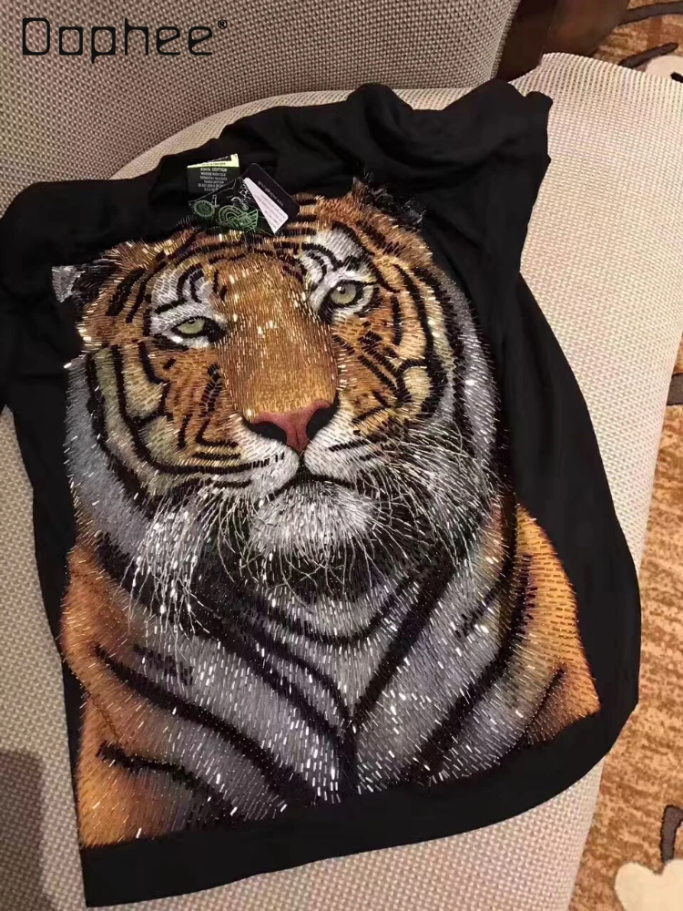 T-shirt de manga curta para mulher, blusa artesanal para casal, indústria pesada, padrão tigre, marca de moda, verão, 2022