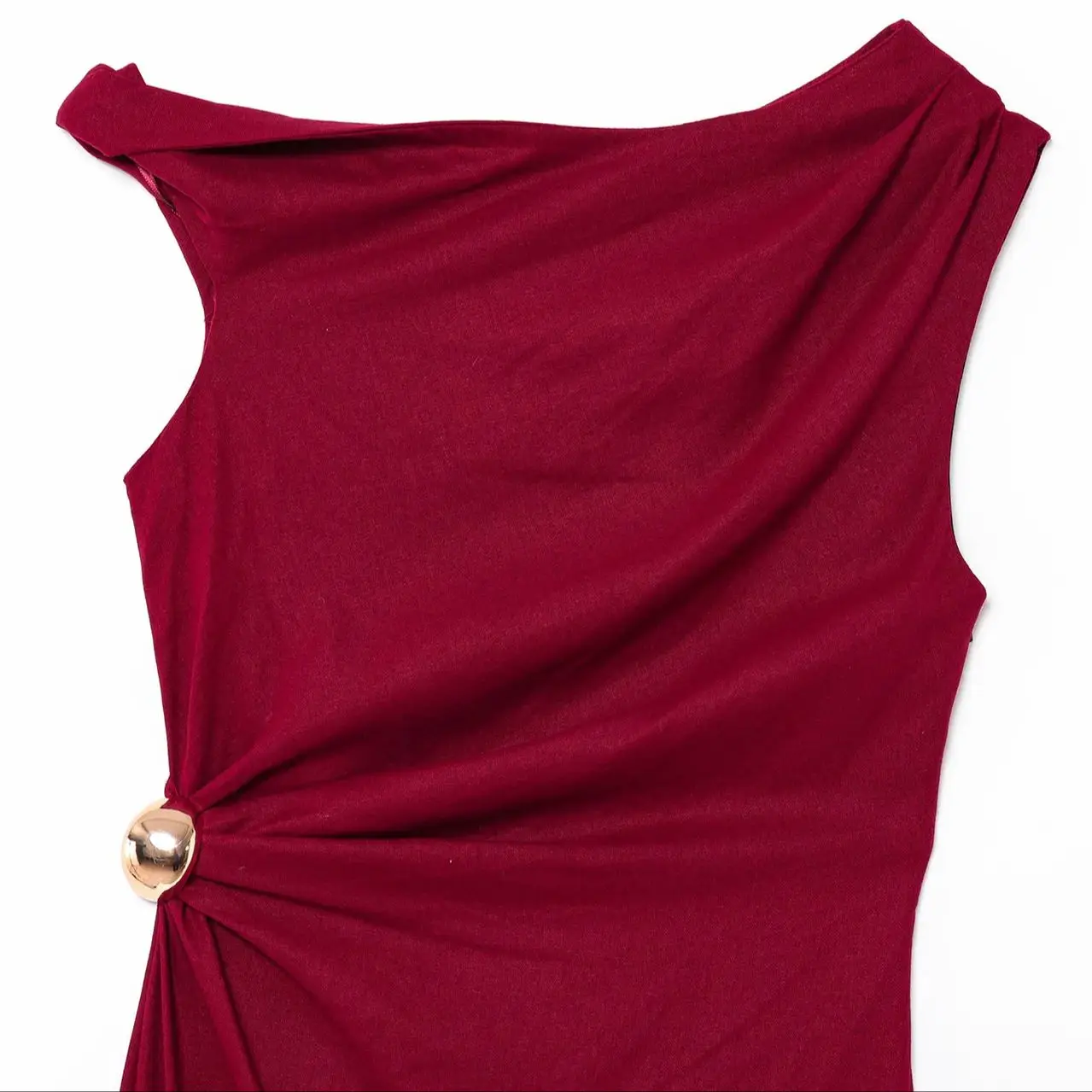 Women's Pleated Asymmetric Evening Dress Retro Slim O-neck Sleeveless High Waist Side Zipper Slit Dress Summer New Chic Top