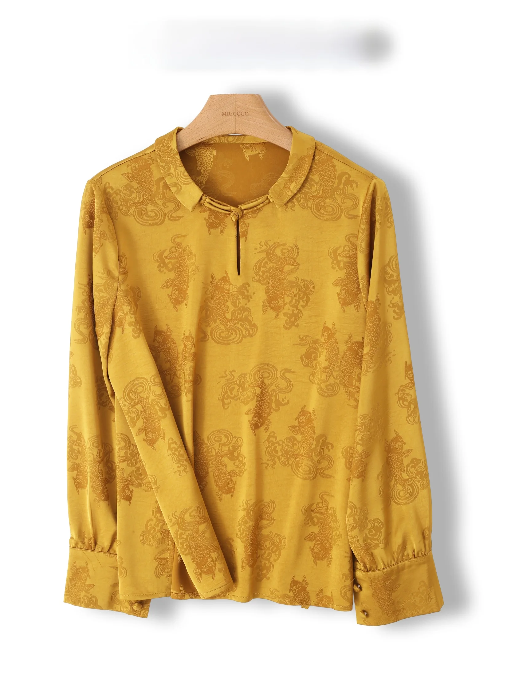 

New Chinese Style Loose Long Sleeve Shirt Women's Base Layer Top Golden Embroidery Button Doll Collar Traditional Ethnic Fashion