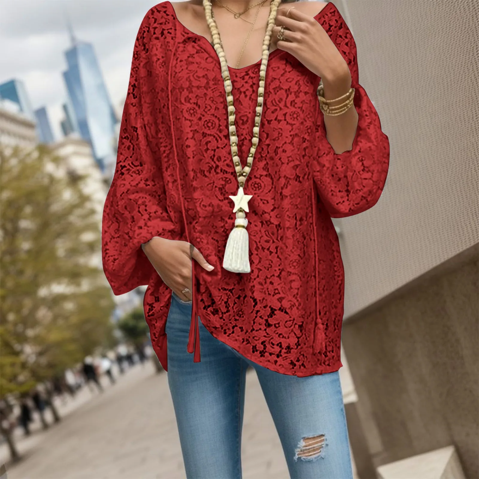 Women Hollow Out Lacae Blouse Sexy Deep V Neck Solid Color Loose Long Sleeves Tops Boho Summer Ladies Vintage Breathable T Shirt