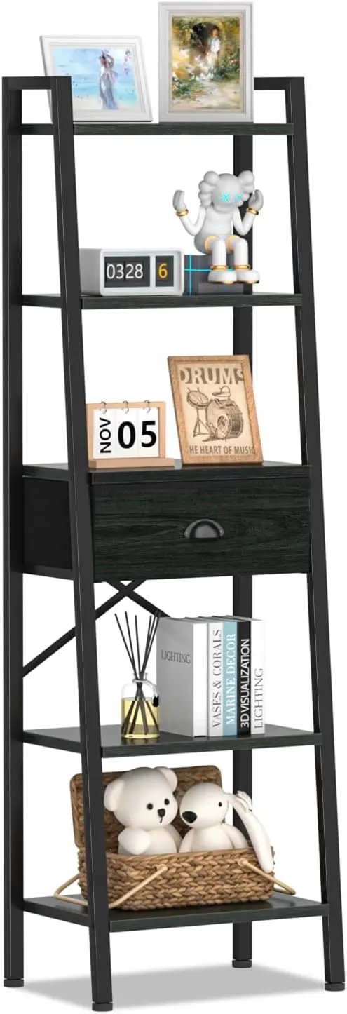 

5-уровневая полка-лестница с ящиком, высокий узкий книжный шкаф, органайзер для хранения из черного дуба для спальни, кухни, ванной комнаты