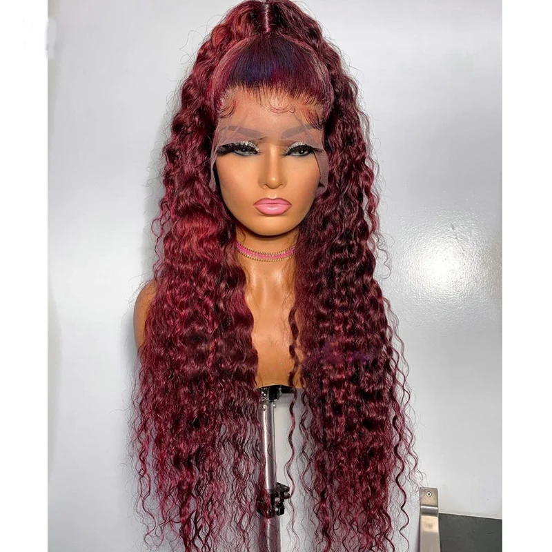 Soft 26Inch Long Burgundy 99j Kinky Curly 180Density Lace Front Wig For Black Women Babyhair Heat Resistant Preplucked Glueless