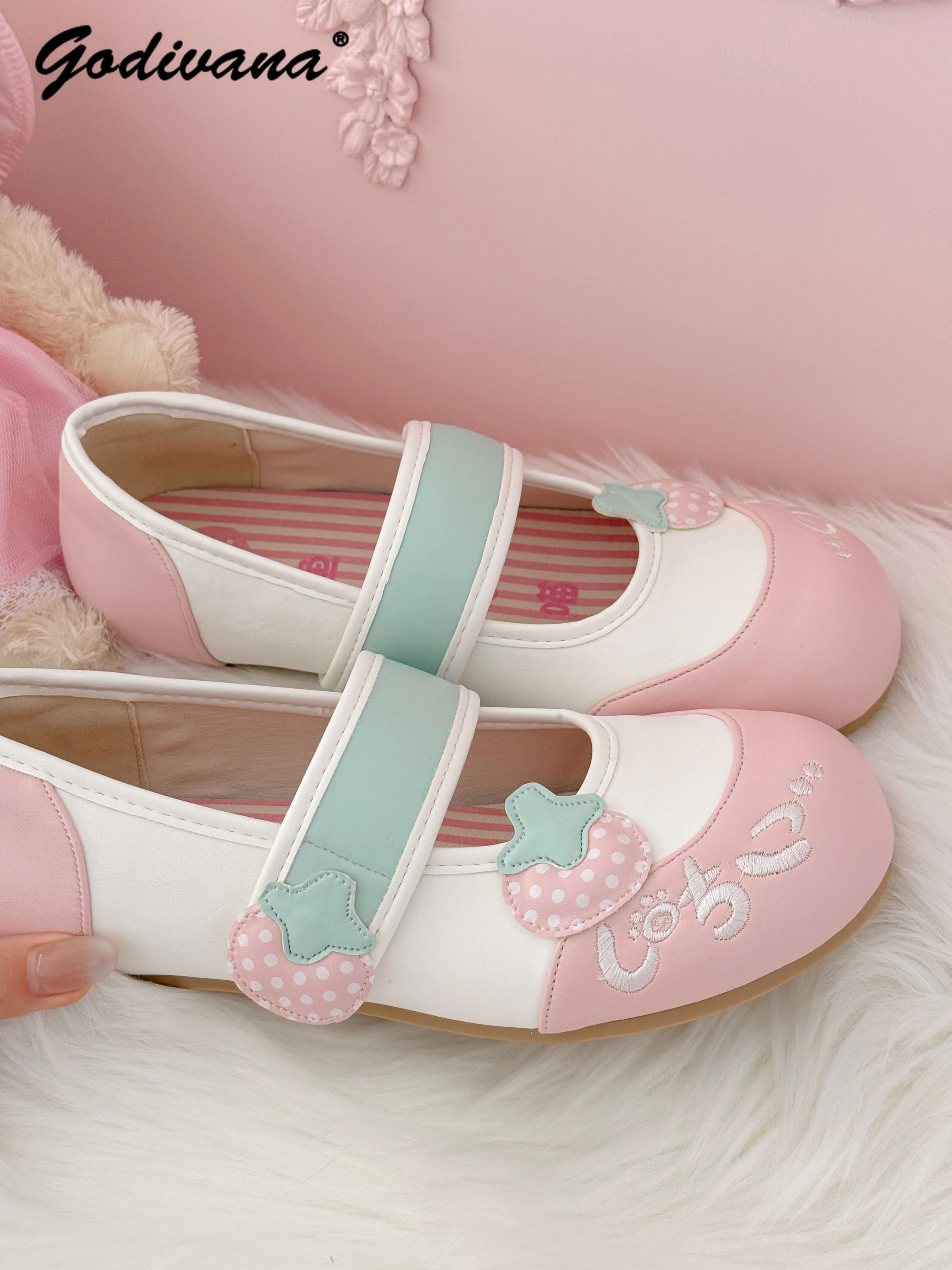 الأصلي أحذية من الجلد الداخلي طالب بنات لطيف الفراولة الفيلكرو جولة رئيس لينة وحيد حذاء مسطح أحذية نسائية