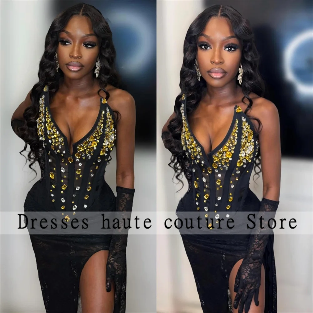 Aso Ebi Sparkly Crystals Black Prom Dresses 2024 For Black Girls With Gloves Side Slit Mermaid Evening Dresses Party Gowns