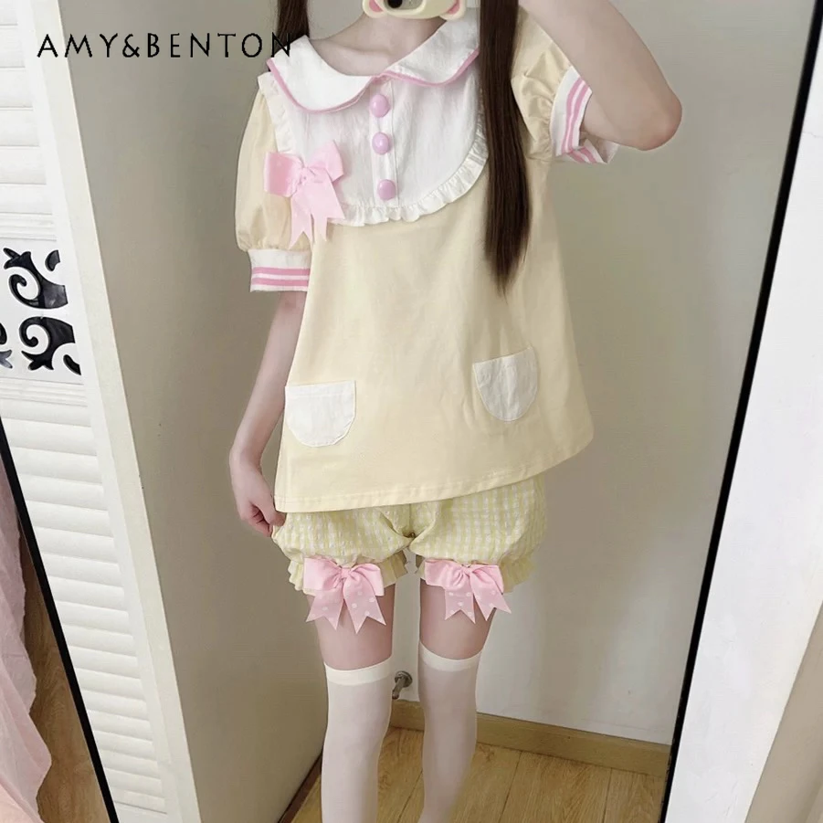 

Cute Sweet Girl Suit Female Doll Collar Butterfly Bubble Sleeve Loose Shirt Bow Shorts 2 Piece Sets Womens Outfits Summer New