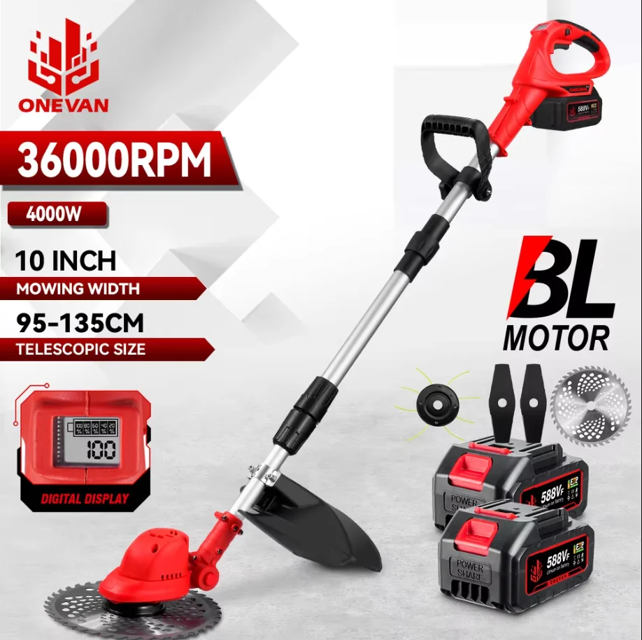 ONEVAN 10인치 브러시리스 전기 잔디 깎는 기계 36000RPM 무선 잔디 트리머 길이 조절 가능 마키타 18V 배터리용...