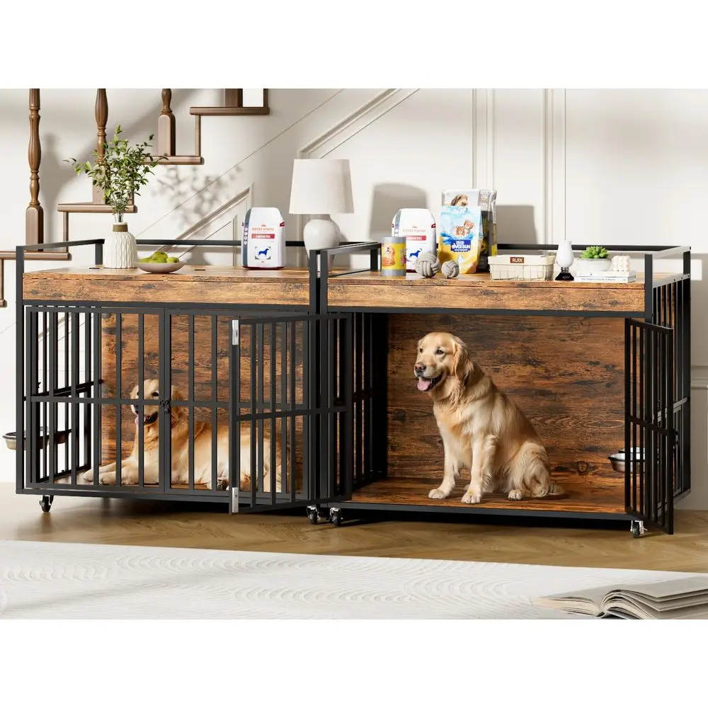 

43 Heavy-Duty Dog Crate with 3 Doors, 2 Bowls, Lockable Wheels, Wooden End Table Design for Large Breeds, Rustic Brown