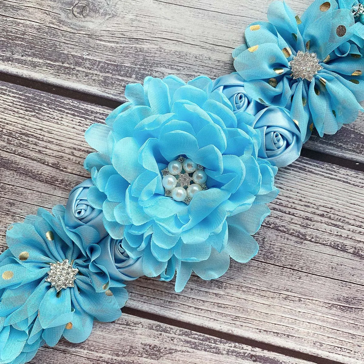 Newest Sky Blue  Handmade Flowers Pearls Wedding  Belt  Baby Shower Prom Evening Party Bridesmaids Satin Sash