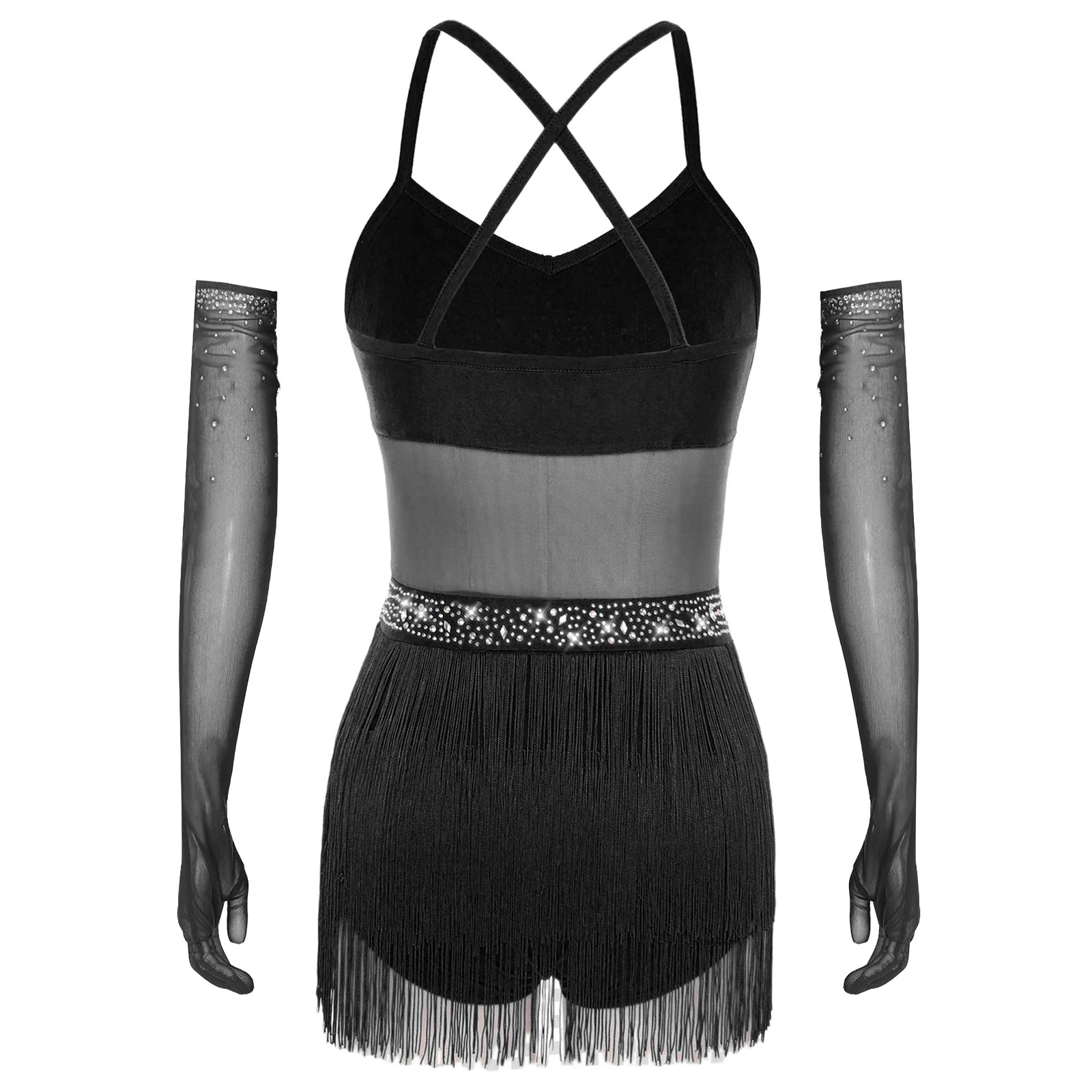 Vestido de leotardo de baile latino para mujer, traje de malla con borlas y diamantes de imitación brillantes para patinaje artístico, Tango cha-cha, salón de baile, Samba, Rumba