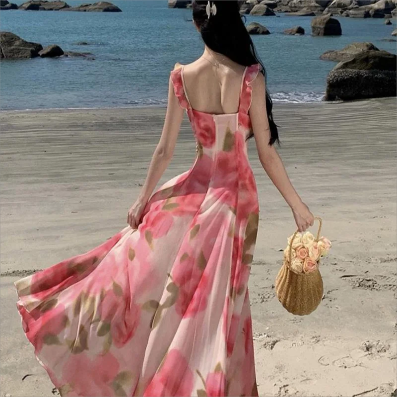 Dazzling atmosphere pink roses square neckline suspender long dress design seaside vacation dress beach skirt