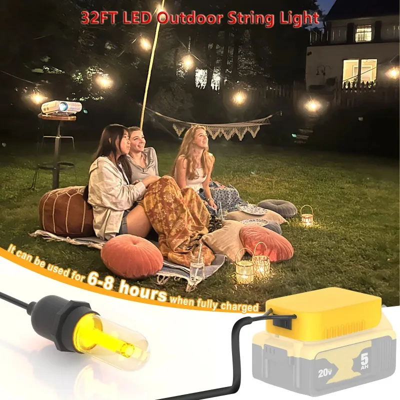 32 -foot waterproof chandelier LED outdoor strings, used for DEWALT 18/20V battery -free battery, with 10 broken LED light bulbs