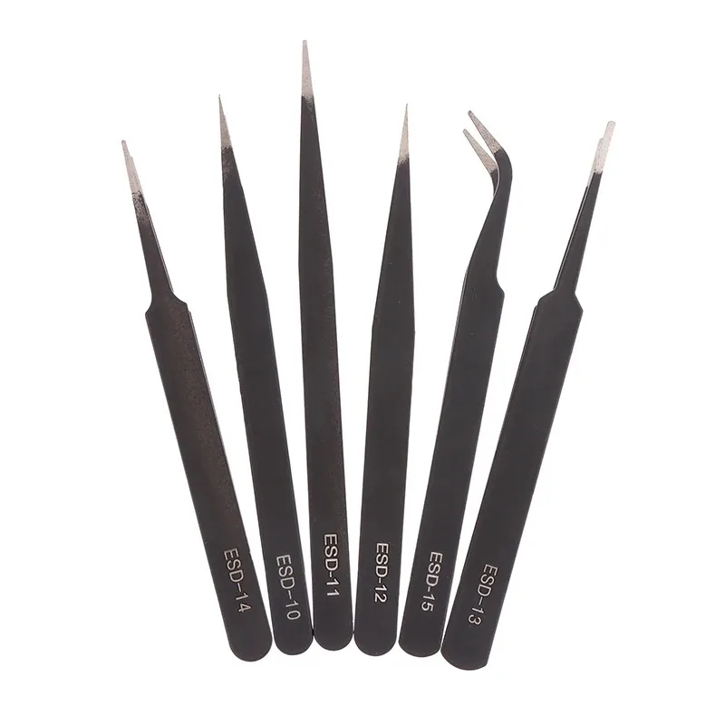 

High Quality 6 Pcs ESD Precision Tweezers Set, Anti-Static Stainless Steel, for Electronics, Soldering, Jewelry Crafting