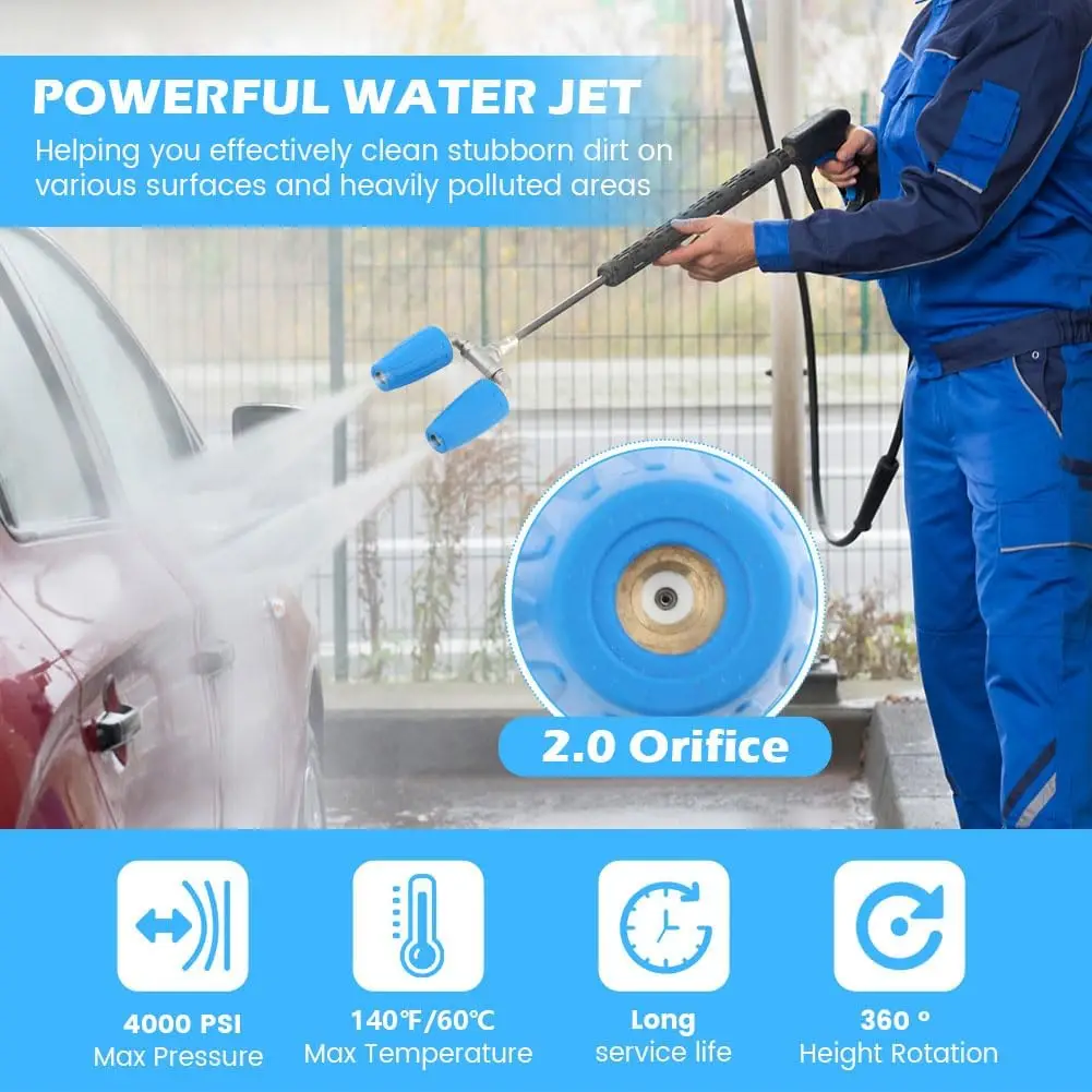 Pressure Washer Dual Turbo Nozzle, 360°Rotating Turbo Nozzle with 1/4" Quick Connector, 2.0 Orifice Twin Turbo Nozzle, 4-6 GPM