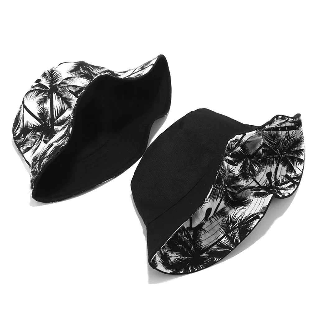 Fashion Reversible Bucket Hat Unisex Summer Coconut Tree Printed Fisherman Cap Black White