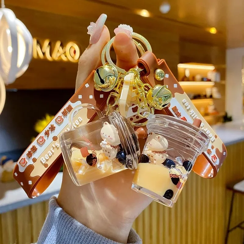 الكرتون النفط العائمة السائل الرمال المتحركة زجاجة اللؤلؤ الحليب الشاي الدب مفتاح سلسلة لطيف العصرية سيارة مفتاح سلسلة قلادة جديد #1