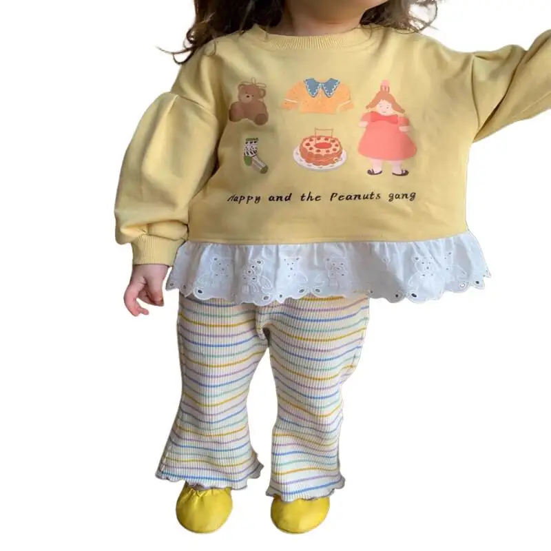 فتاة البلوز بأكمام طويلة Kawaii معطف غير رسمي ملابس الأطفال الكورية الفتيات هوديي موضة الكرتون طباعة الجولة الرقبة الدانتيل الاتجاه #2