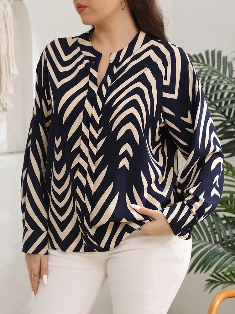GIBSIE プラスサイズ レトロプリント ノッチネック ルーズシャツ レディース 2025 秋新作 長袖 オフィス カジュアル レディース トップス＆ブラウス